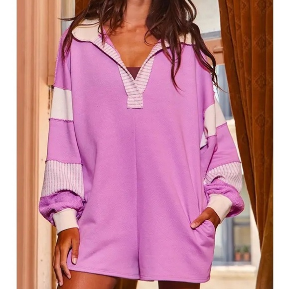 Bucket List Pants - Bucket List Women S Lavender French Terry Color-Block Collared Loose Fit Romper